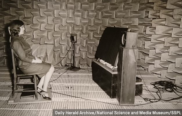 Not to be left out, the Photography collections are a trove of sound-related treasures. Here, we see research on combating noise in the anechoic room at the National Physical Laboratory, Teddington, in 1964.