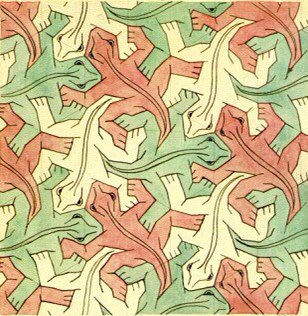 Hexagonal tessellation with animals: Study of Regular Division of the Plane with Reptiles (1939). Escher reused the design in his 1943 lithograph Reptiles.
