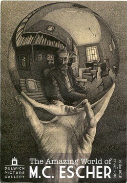 Poster advertising the first major exhibition of Escher's work in Britain (Dulwich Picture Gallery, 14 October 2015 – 17 January 2016). The image is based on Hand with Reflecting Sphere, 1935.