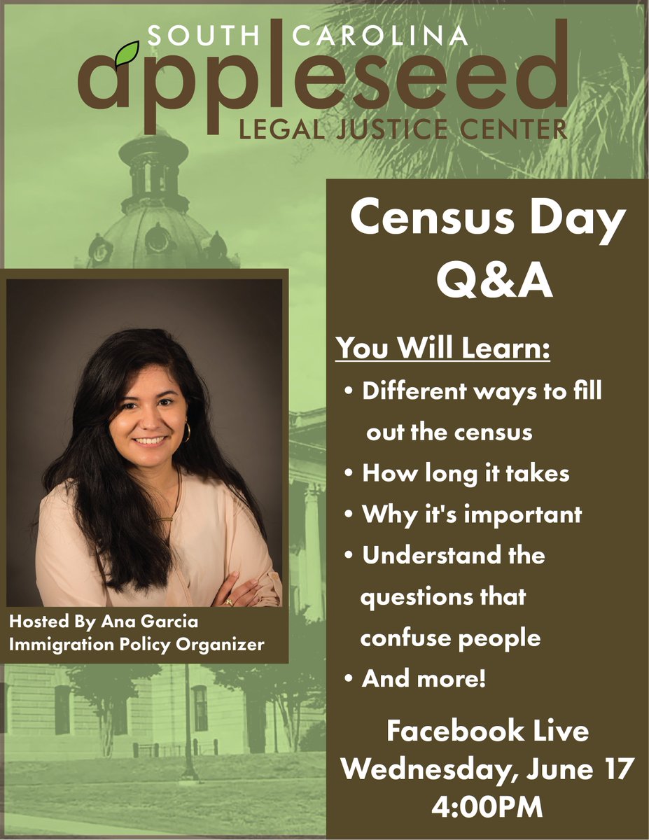 Today, (June 17th) is The Census Day of Action! Please help us encourage our communities to take ten and be counted. <a href="/AppleseedSC/">SC Appleseed</a> has a FB live planned for today and tomorrow on why the census matters. Fill out the census now here: 2020census.gov #sccountmein #NPCount