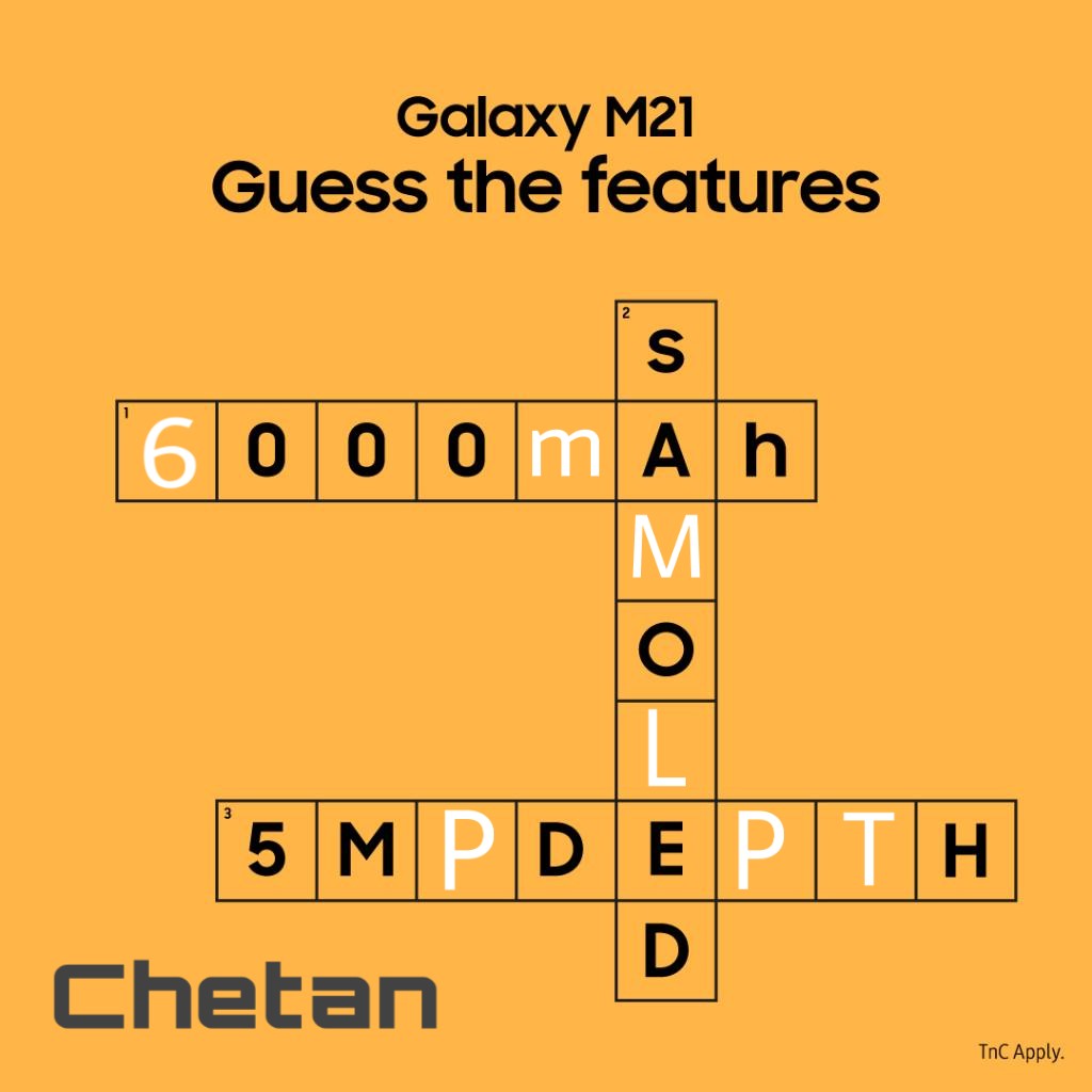 Chetan_Chauhan_'s tweet photo. @SamsungIndia @SamsungIndia
1 : 6000 mAh 
2 :  sAMOLED 
3 :  5MPDEPTH
#WattaMonster #GalaxyM21
#ContestAlert #FillInTheBlank
#SamsungM21 https://t.co/DGN04qETIl