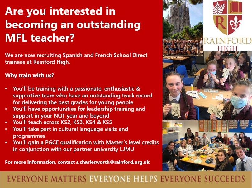 If you’re a trainee in the North West and are unable to now train with Teach First, take a look at our School Direct offer. We’re recruiting Maths and MFL teachers and would love to hear from you! #edutwitter #edujobs #schooldirect #MFL