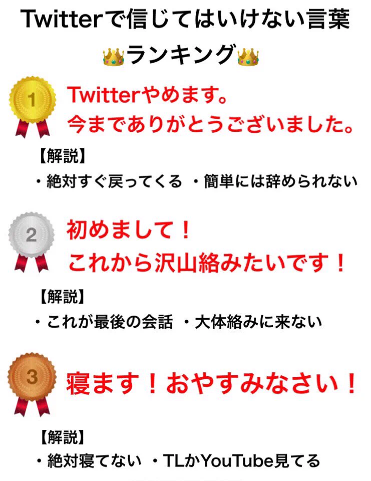 ツイッターで一番信じてはいけない言葉とは？色々なものをランキング形式にしたツイートが話題に！