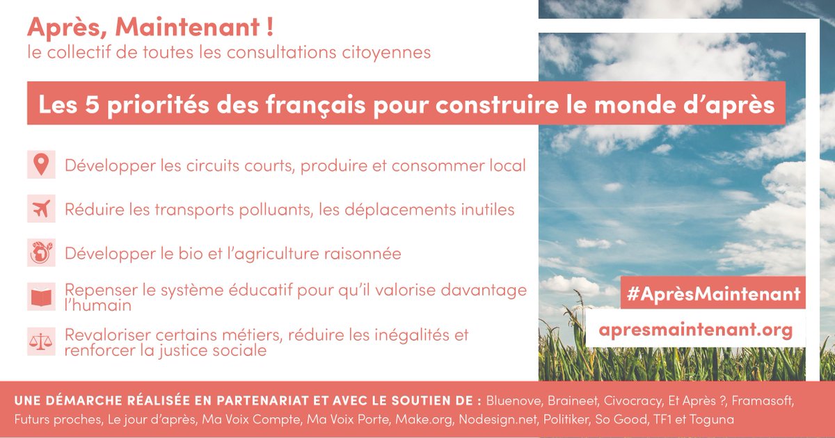 280.000 citoyens ont partagé leurs priorités pour construire le #mondedaprès : environnement, économie locale et justice sociale. 
En tant qu’élu.e local.e, quelles réponses pouvez-vous apporter à ces attentes ?
Contribuez à la plateforme #AprèsMaintenant
apresmaintenant.org/elus