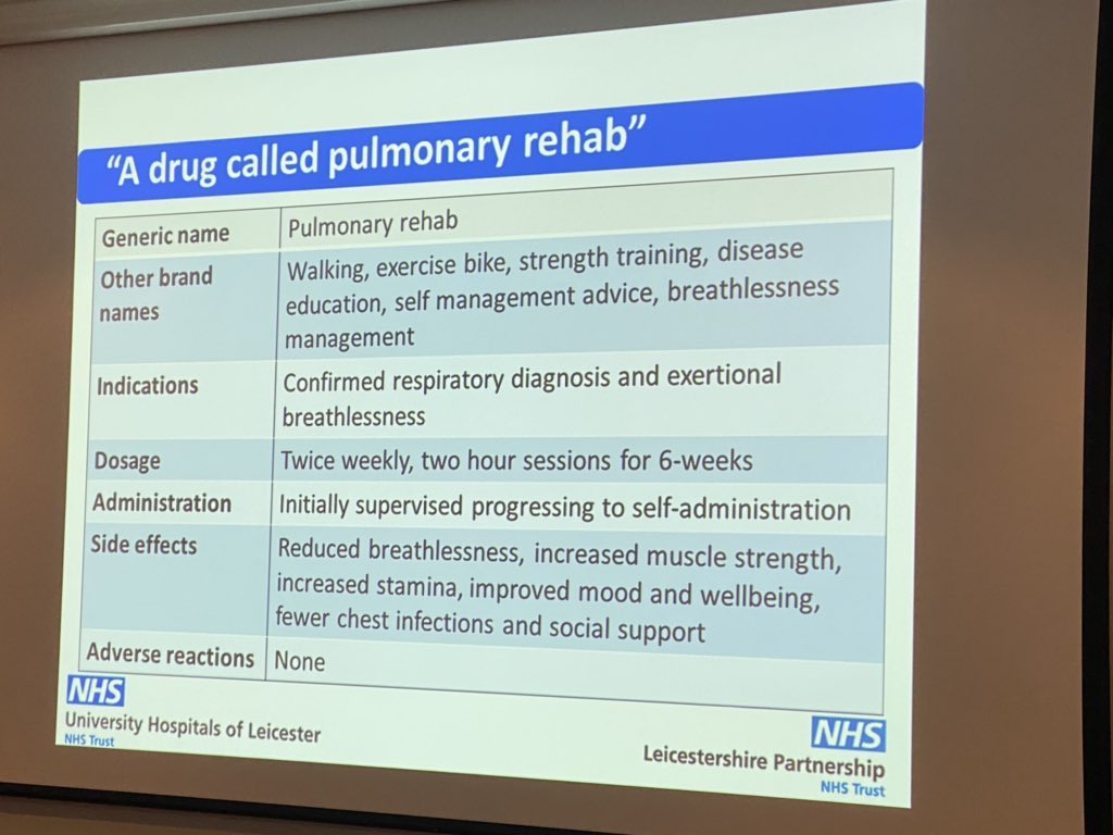 ‘A drug called pulmonary rehab...’ 💊😃 if it was a drug, everyone with a lung condition would be prescribed it! Thanks @Leic_hospital for this one 👍🏽 #pulmonaryrehabweekuk