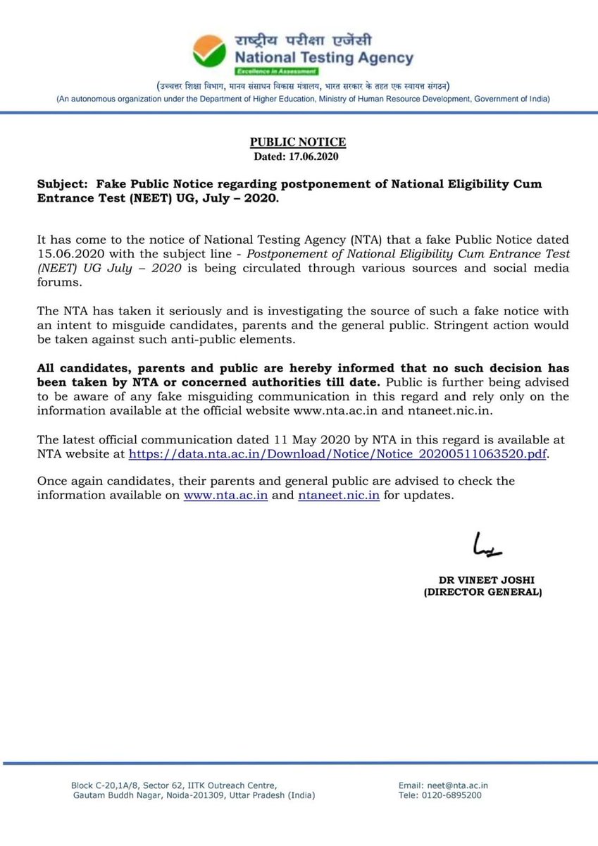 HighQueries's tweet photo. #National_Testing_Agency
Fake Public Notice regarding postponement of National Eligibility CumEntrance Test (NEET) UG, July – 2020.
Link:- https://t.co/8qXrLYGOZy
Click here for more details:- https://t.co/zqlZlED300 https://t.co/FNslApO5jI