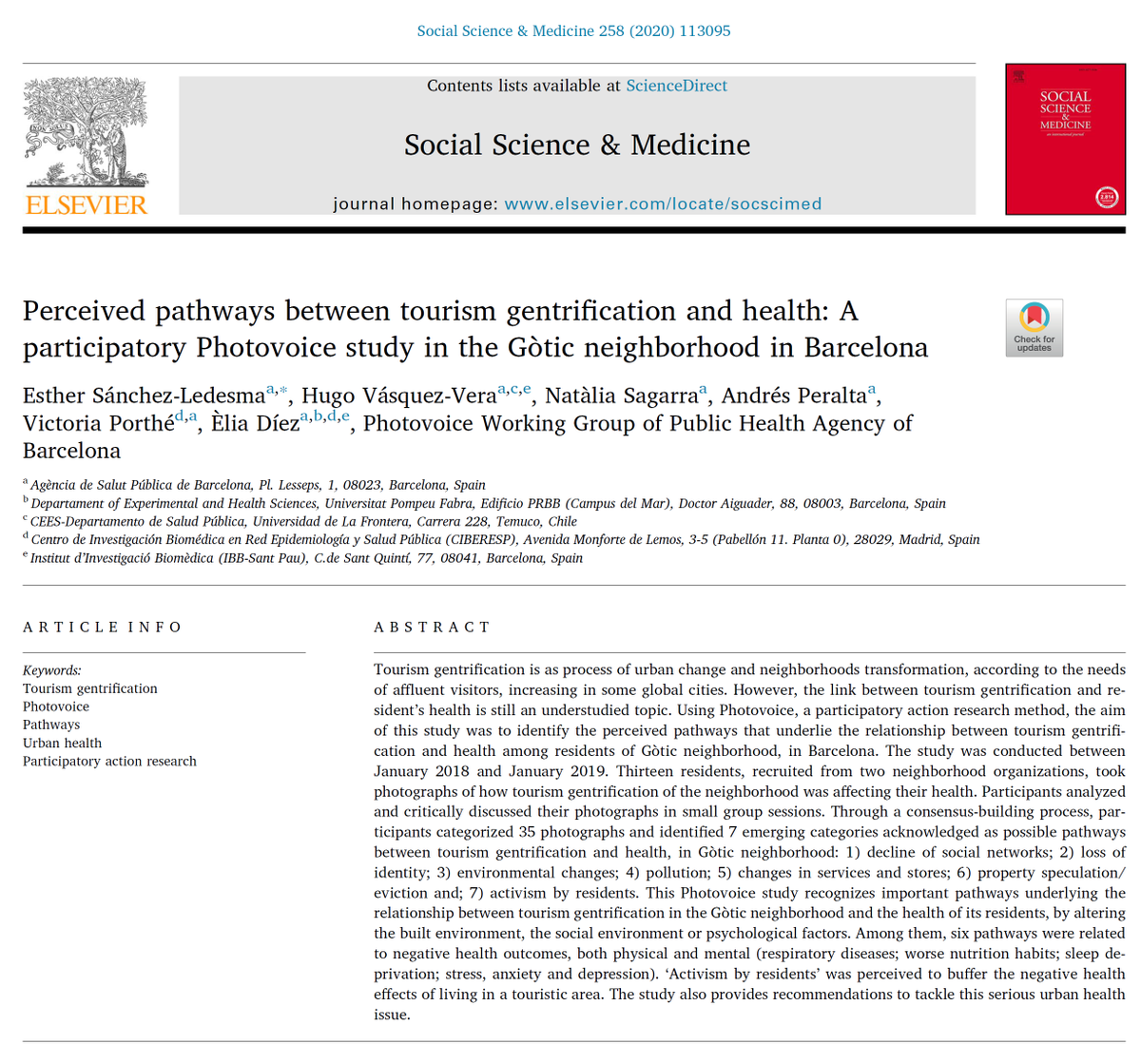 Our study 'Perceived pathways between tourism gentrification and health: A participatory study in the Gòtic neighborhhod in BCN' is now avalaible sciencedirect.com/science/articl…. A collaboration between #BCNSalutalsBarris and <a href="/habitatgeisalut/">Habitatge i Salut</a> from @salutpublicabcn