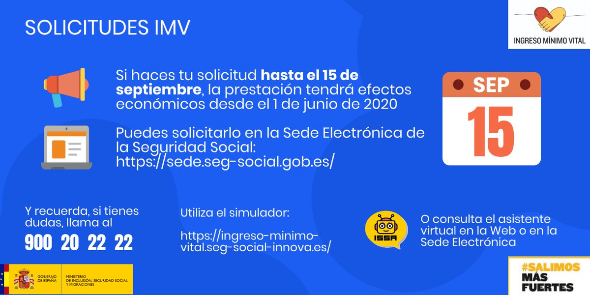 desdelamoncloa's tweet image. Ya puedes solicitar el #IngresoMínimoVital.
 
Recuerda que si lo haces antes del 15 de septiembre, podrás percibir la prestación con efectos retroactivos al 1 de junio.
 
➡️Todos los trámites a través de la Sede Electrónica de la Seguridad Social  👇
sede.seg-social.gob.es/wps/portal/sed…