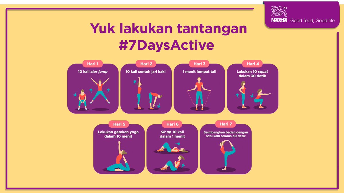 Yuk, lakukan gerakan Mudah #7DaysActive berikut. Selain sehat pastinya menyenangkan untuk dilakukan. Jangan lupa share di akun media sosial kamu ya saat melakukannya dan mention @Nestle_IDN