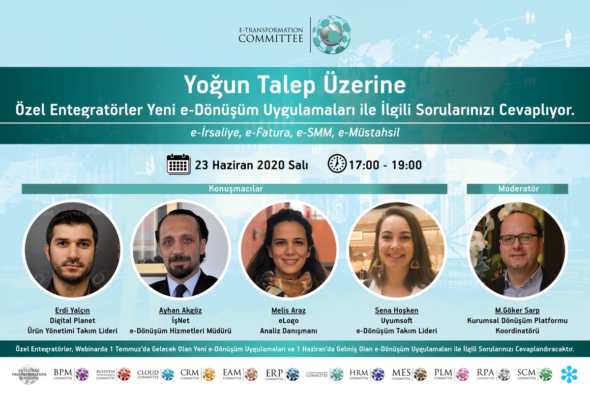 erpcommittee's tweet photo. Özel Entegratörler, e-İrsaliye, e-Fatura, e-SMM ve e-Müstahsil ile İlgili Sorularınızı Cevaplandırıyor.
.
Webinara Katılmak İçin, https://t.co/J0kN6q0akr
#edonusum #eirsaliye #efatura #esmm #emustahsil #etransformationcommittee #1temmuz #kurumsaldonusumplatformu #ozelentegrator https://t.co/CYQudMjcWs