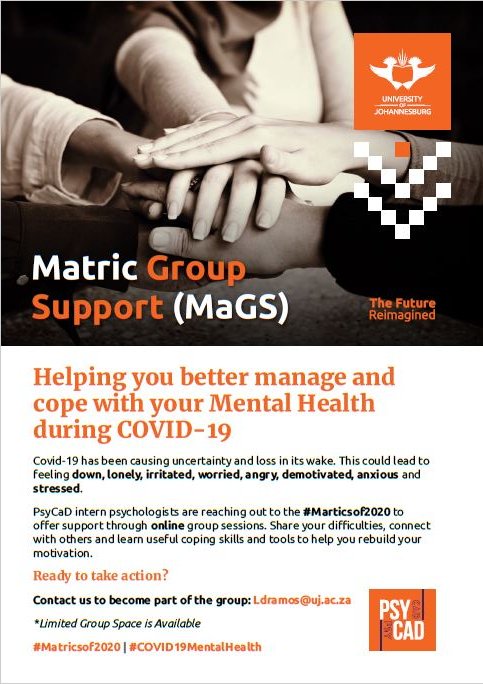 PsyCaD's tweet photo. Online group sessions available to MATRICS of 2020. For more info please email. ldramos@uj.ac.za. See pic for more details. #PsyCaD4U #Matricsof2020 https://t.co/zpXwBlYETS