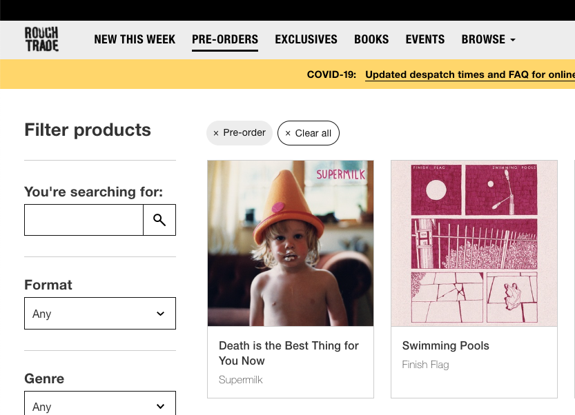 oh heeeyyy the <a href="/supermilk4u/">Supermilk</a> and <a href="/FINISH_FLAG/">finish flag</a> LPs are now available from <a href="/RoughTrade/">Rough Trade</a> and are a whole 1pence cheaper than getting them through us! stick a copy of these pop gems in yr basket when you're purchasing some obscure hipster nonsense i promise no one will judge you 🥰