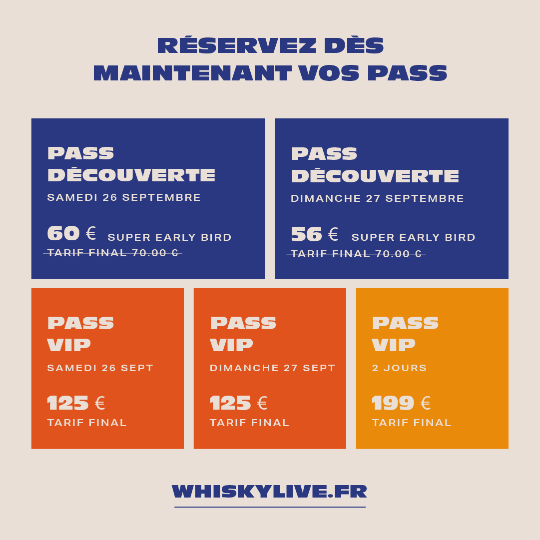 La billetterie du Whisky Live Paris 2020 est ouverte !! 🎫
 👉 whiskylive.fr/billetterie/

➡️ Profitez vite des tarifs Super Early Bird sur nos Pass Découverte !
Samedi: 60€ (tarif final 70€)
Dimanche: 56€ (tarif final 70€)

➡️ Pass VIP
1 jour: 125€
2 jours: 199€