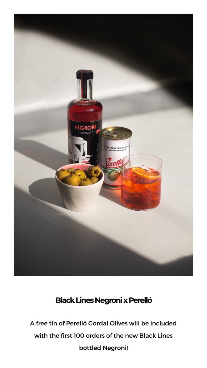 To celebrate the launch of @BLdrinkslondon new bottled Negroni we're giving away tins of Perelló Gordal Olives with the first 100 orders! 

blacklinesdrinks.com/collections/co…