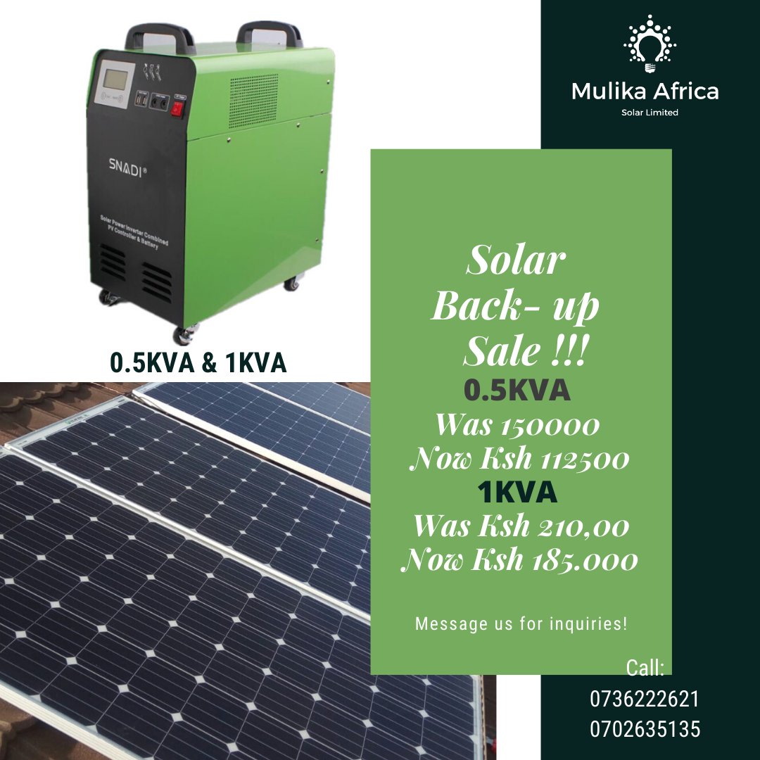 MulikaNaSolar's tweet photo. We have an offer on Solar Backups 
Call 0736222621 or 0702635135 https://t.co/j6yIXK6LuI