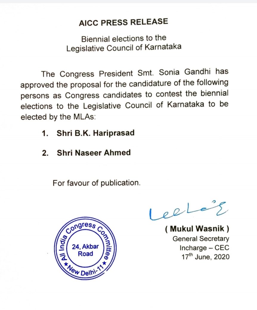 Ashwini M Sripad On Twitter Mlcelections Karnataka Aiccmedia Finalise Hariprasadbk2 And Naseer Ahmed Names For The Mlc Election Newindianxpress Santwana99 Xpressbengaluru Ramupatil Tnie Https T Co Lnmyov9l8k