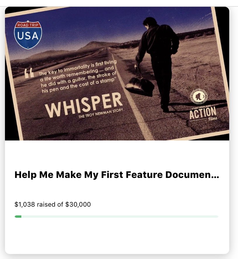 Getting there... 1/30th of the way 🙌 @gofundme #Whisper the #TroyNEWMAN story #FeatureDoc A rock n roll #MusicDocumentary from Australia to Europe and the US in search of one mans legacy ♥️♥️♥️