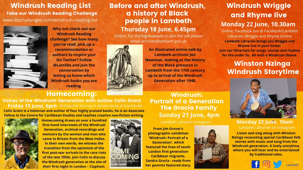 brixtonlibrary's tweet photo. Lambeth Libraries celebrates #WindrushDay with online talks, storytimes and book readings! Join us to say #ThankYouWindrush
Don't forget to #SingforWindrush on 22 June at 10.27am to celebrate and commemorate the Windrush generation #WindrushDayLambeth #WindrushDay2020 #Lambeth https://t.co/ESc4prwTc1