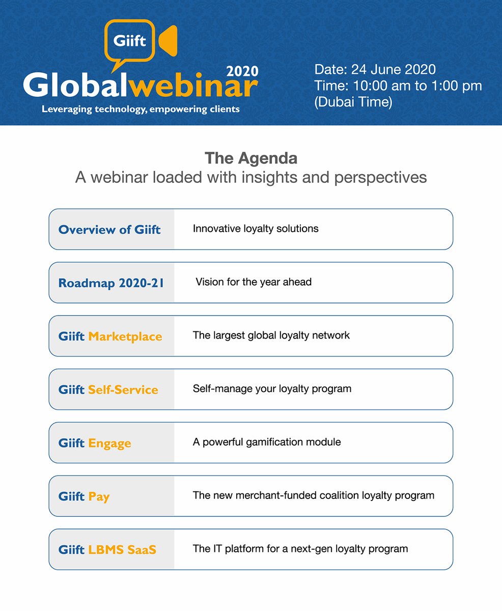 Giiftcom's tweet photo. We’re gearing up for the Giift Global Webinar 2020. Check out the highlights of this exclusive webinar taking place on 24 June 2020. From strategies to innovative solutions, there’s a lot in store!  
#GiiftGlobalWebinar #strategy #loyaltysolutions #innovation #loyaltymanagement https://t.co/e5UDok1iLz