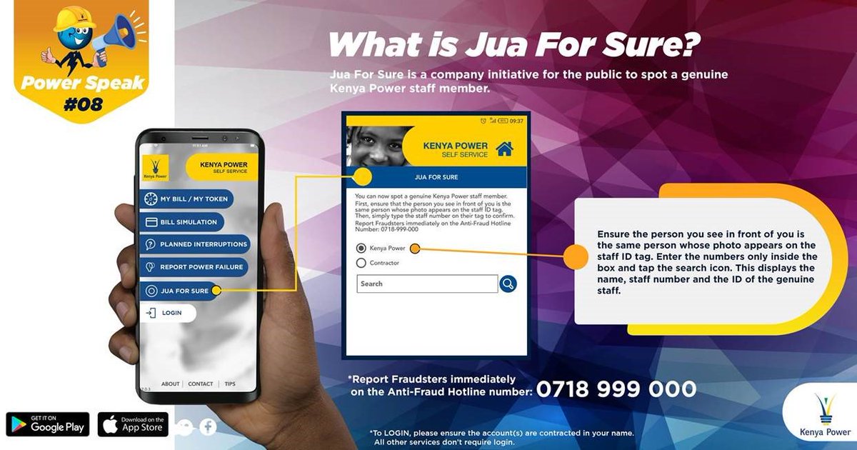 KenyaPower's tweet photo. @georgewan75 @KenyaPower_Care Thank you George, first ensure that the person you see is the same person whose photo appears on his/her staff ID tag, secondly SMS their Staff No. to 95551 #KnowYourMeter

You can also use #Jua4Sure. Download myPower app and let us fight fraudsters...together! ^KK https://t.co/l7trCU7k5r