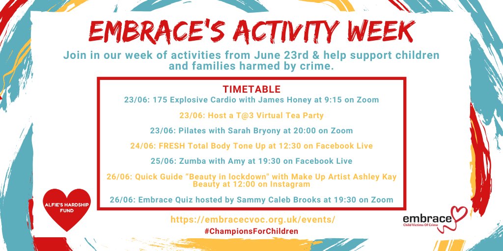 EmbraceCSOC's tweet photo. We can’t wait for #EmbracesActivityWeek & #ChampionsForChildren to kick off next Tuesday! Be sure to check out our fantastic lineup of activities all in support of Alfie's Hardship Fund ❤️ Please visit: https://t.co/K3xd8R4Erx #COVIDSupport #AlfiesFund #OneDonationTwiceTheImpact https://t.co/znV1A55LQY