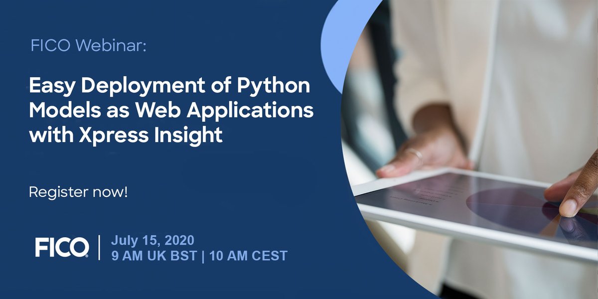 FICO_corp's tweet photo. Data Scientists and Operations Researchers can now deploy their Python models into user-friendly apps in FICO Xpress Insight. Join #FICO and learn more. Register Now! https://t.co/3Ra7NafDqG #FICOXpress #PythonModelDeployment #TechnicalWebinar https://t.co/wRAvoSePe4