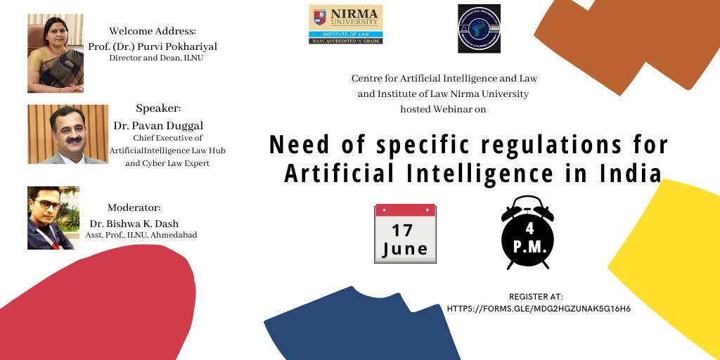 CyberlawConf's tweet photo. Dr. @pavanduggal is going to address the Webinar on "Need of Specific Regulations for Artificial Intelligence In India" organized by Institute of Law, Nirma University @NirmaUniTweets https://t.co/r7zs2Q3rcp