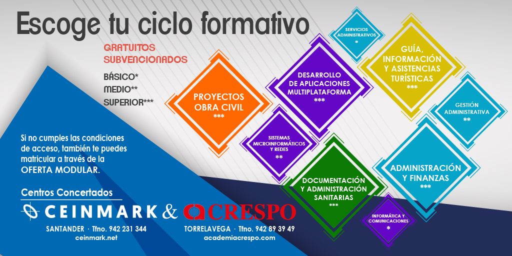 _CEINMARK_'s tweet photo. ESCOGE TU CICLO FORMATIVO y hazlo en Ceinmark 📚 . FP básica, Grado Medio y Superior. Te ayudamos con la solicitud, puedes llamarnos al 942 23 13 44 o enviarnos un email a ceinmark@ceinmark.net. Date prisa que las solicitudes son 1-8 julio. #formaciónprofesional #santander https://t.co/ptvZuUPyfg