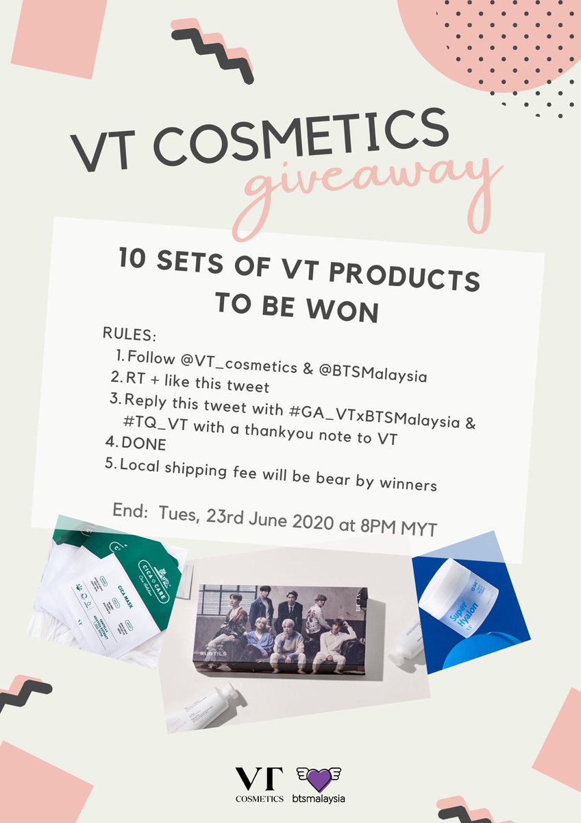BTSMalaysia's tweet image. 💜VT COSMETICS GIVEAWAY💜

10 sets of VT Products to be won

Rules:
- follow @VT_cosmetics &amp;amp; @BTSMalaysia 
- RT+like this tweet
- reply this tweet with #GA_VTxBTSMalaysia &amp;amp; #TQ_VT with a thankyou note to VT
- DONE

END: 23/06

🇲🇾 ONLY
local shipping fee will be bear by winners