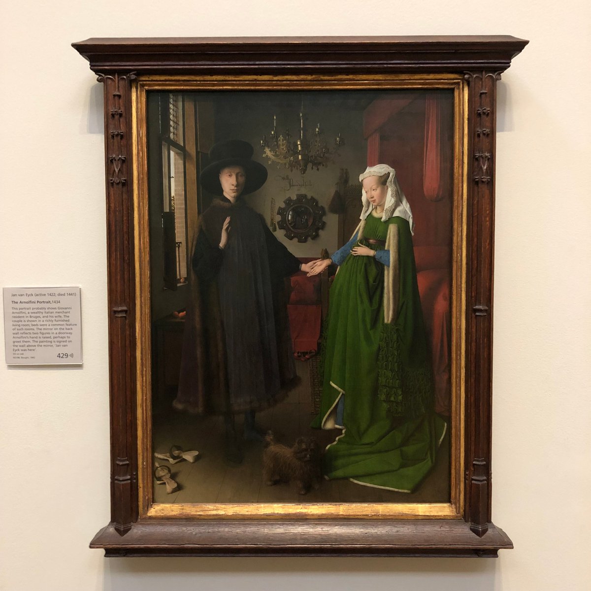 The 'Arnolfini Portrait' by #JanvanEyck is considered by some historians as the record of a marriage contract in the form of painting. It is quite unique since the artist is the eye-witness of a real moment in the life of Italian merchant Giovanni di Nicolao Arnolfini &amp; his wife.