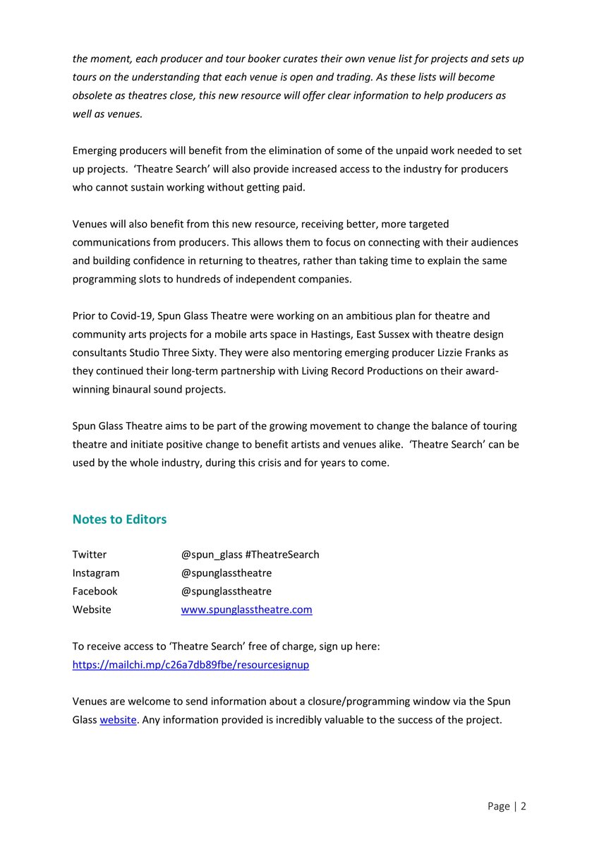 Spun_Glass's tweet photo. We're developing #TheatreSearch to help independent producers and touring companies. This free shared database will catalogue open venues and their programming periods to benefit artists and venues alike.

Sign up to receive it here -https://t.co/zN19xwpXpj https://t.co/gG0JtmP6Vj