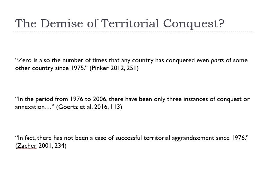 This is one of several pieces of evidence I present against the popular claim that a territorial integrity norm caused a dramatic decline in conquest after 1945. 5/