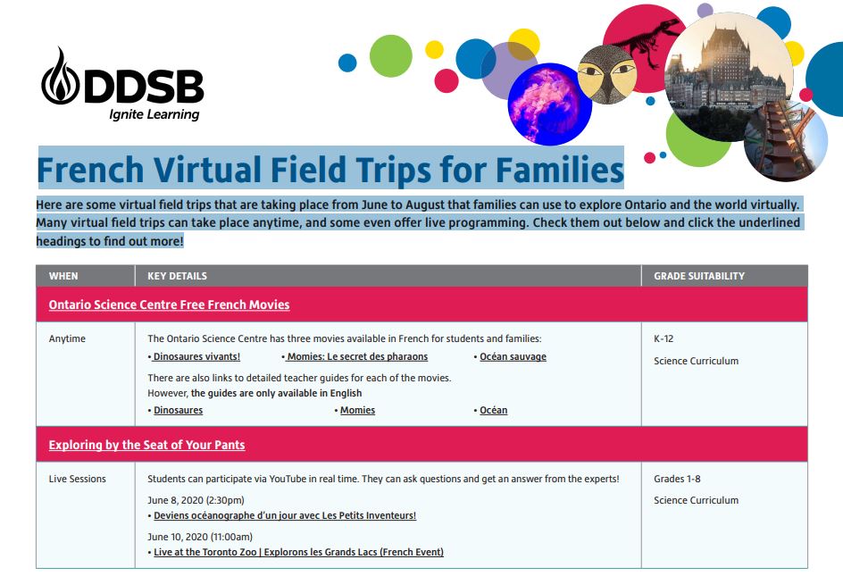 French Virtual Field Trips for Families

Here are some virtual field trips taking place from June-August that families can use to explore Ontario &amp; the world.
Virtual field trips can take place anytime, &amp; even offer live programming. #DDSBengagement 

ddsb.ca/en/programs-an…