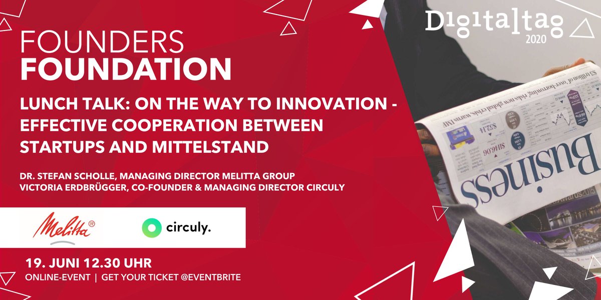 HelloFounders's tweet image. Wie kooperieren #Startups und #Mittelstand in der Praxis? Im Rahmen des #Digitaltags erfahrt ihr dazu mehr bei einem #virtuellen #lunchtalk mit #Melitta und #Circuly! Freitag 19.6. um 12:30h per Zoom - kostenlose Tickets: ow.ly/PkBE50A9VL2 @ClubPioneers @itsOWL_Cluster
