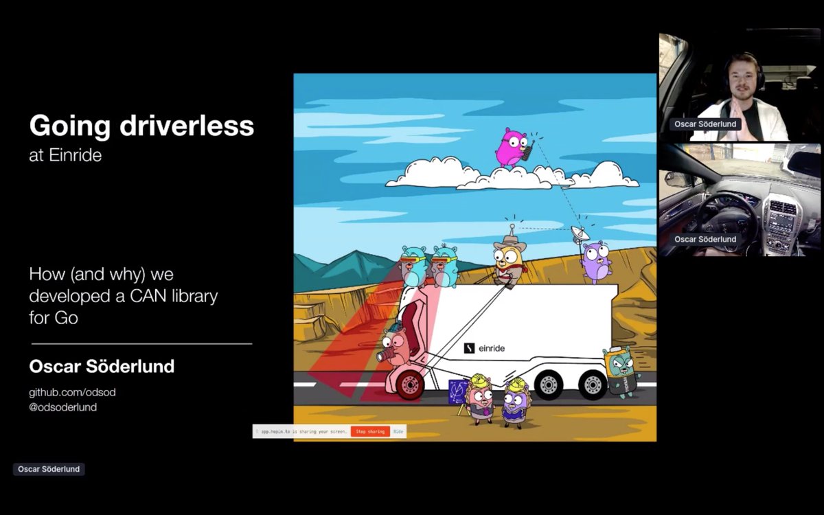 gopherconeu's tweet photo. We're back from the break right into @einrideofficial's car, from which Oscar Söderlund is giving us a live demo!

And the comments are priceless :)

Charity of choice: @hjartlungfonden
#golang #gopherconEU https://t.co/DZPK1xcmF5