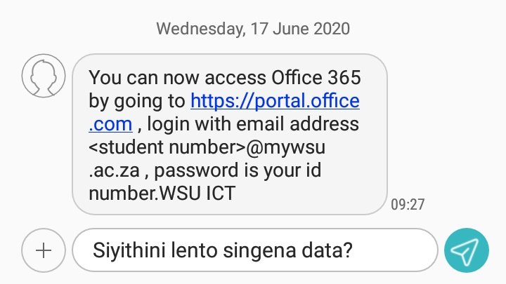 DizoR6's tweet photo. Hayi kudlalwa ngathi kwesiskolo. What are we going to do with office 365 but we have not yet recieved laptops and data? Hayi ungancama.
#WSUMUSTFALL
#ROBMUSTFALL https://t.co/v1q2QjPqWf