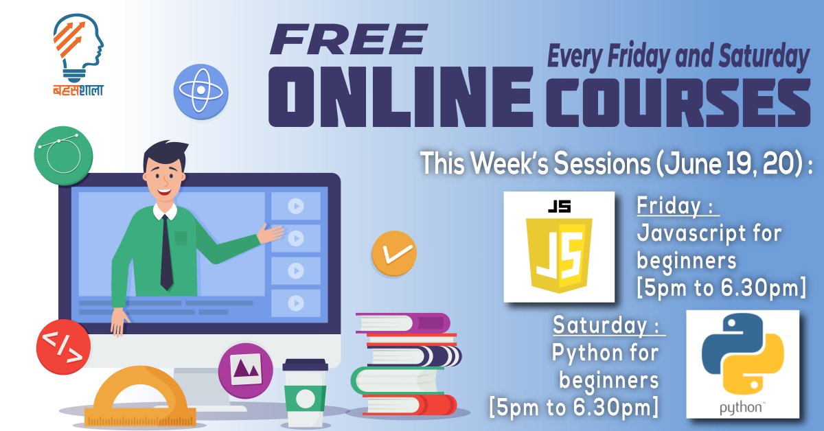 BahasShala's tweet image. Hello Everyone..

We have our free online webinar session this week also.
(June 19 &amp;amp; 20)

Any interested ones can join our free course at given time and date here at BahasShala Online.

#FreeOnlineTraining #Programming #BecomeAProgrammer #Javascript #Python #ProgrammingTutorial