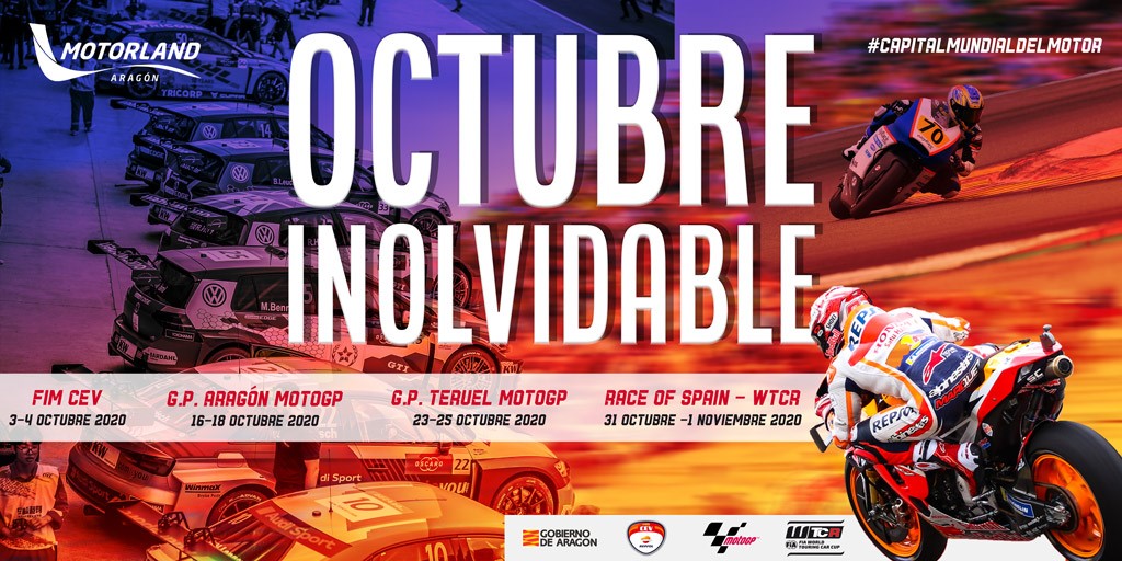 🔝Vamos a vivir un mes de octubre INOLVIDABLE 

🔸FIM CEV   3 y 4 de octubre
🔸Gran Premio de Aragón de MotoGP 16-18 de octubre
🔸Gran Premio de Teruel de MotoGP 23-25 de octubre
🔸WTCR 31 de octubre – 1 de noviembre