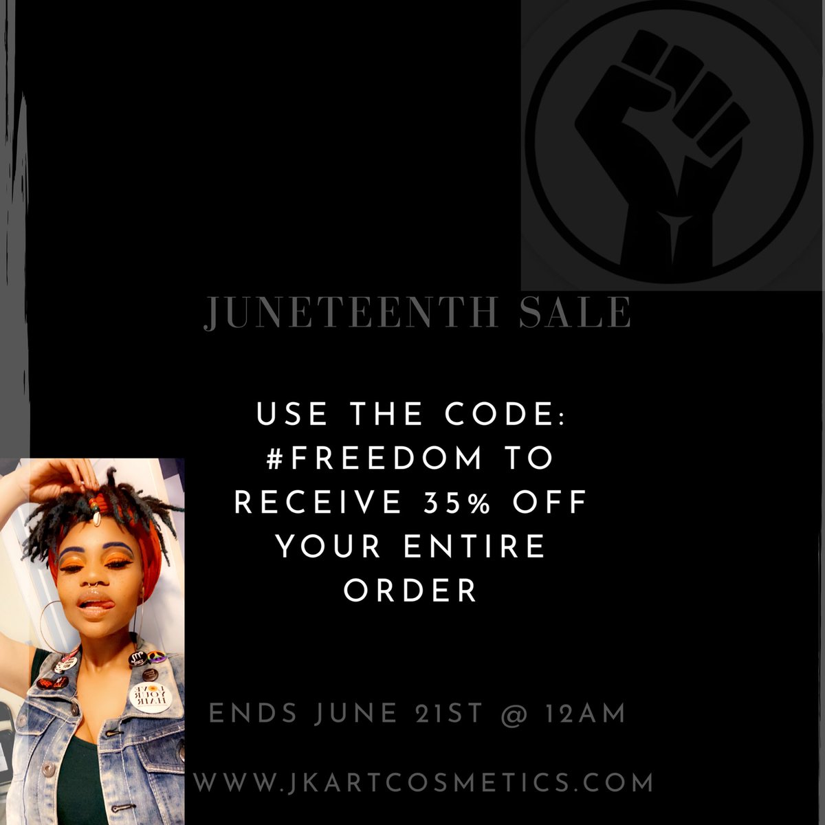 JKArtCosmetics's tweet photo. In honor of Juneteenth and being unapologetically black, we are having a sale. Use the code: #FREEDOM and receive 35% off your entire order. Good through June 21st @ 12AM. 
Link in bio. 
#jkartcosmetics #juneteenth #unapologeticallyblack https://t.co/g3FQwwn5fD