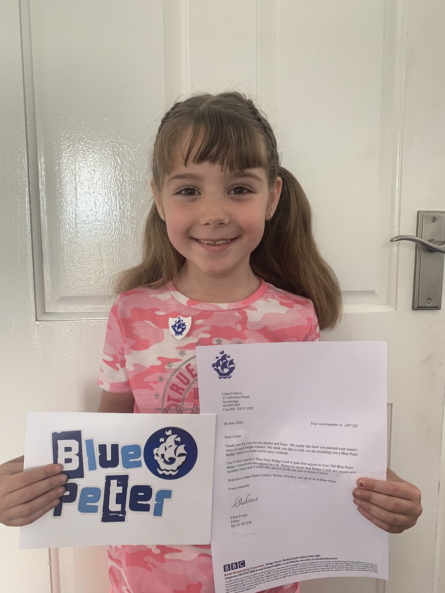 michell64517252's tweet photo. Liana received her Blue Peter Badge in the post today for her art work on mummy’s trainers for work. 💕🌈@SWilliams_CHL @CHLPrimary https://t.co/jTHpePW6pO