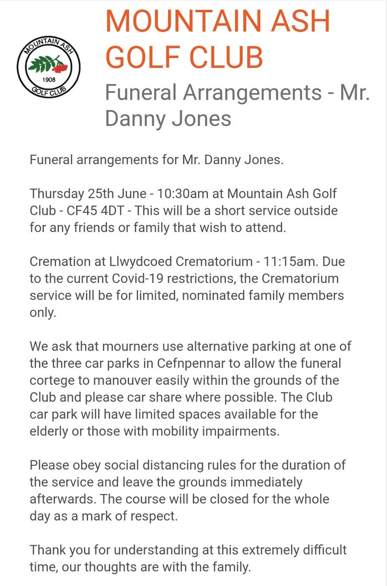 Funeral arrangement for Mr. Danny Jones🖤⛳