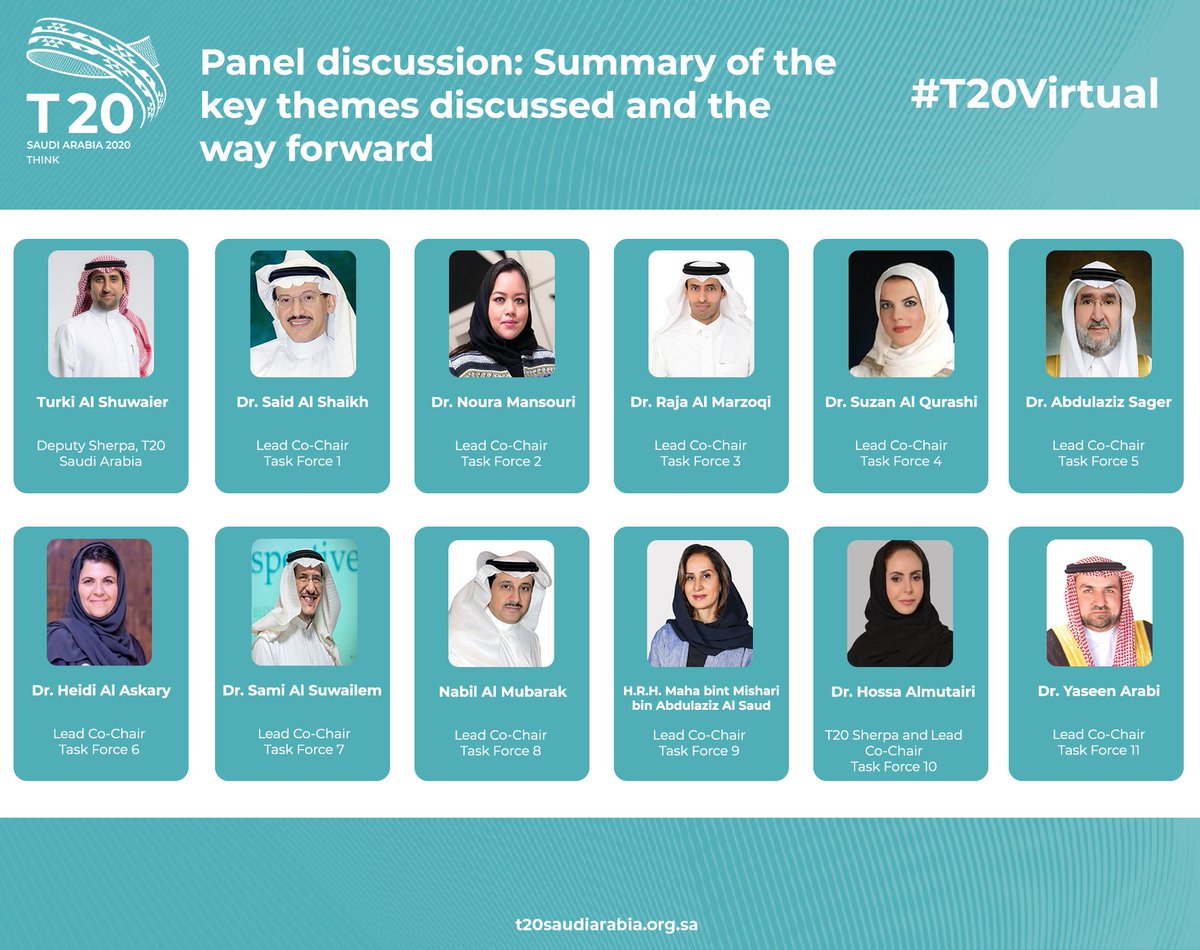 T20org's tweet photo. Happening Now: This panel discussion will be moderated by Turki Al-Shuwaier, Deputy Secretary-General of @KFCRIS and joined by the Lead-Co chairs of #T20Saudi Task forces sharing the recap of the breakout sessions from the second day of the #T20Virtual Conference. https://t.co/czL6jgOmuB