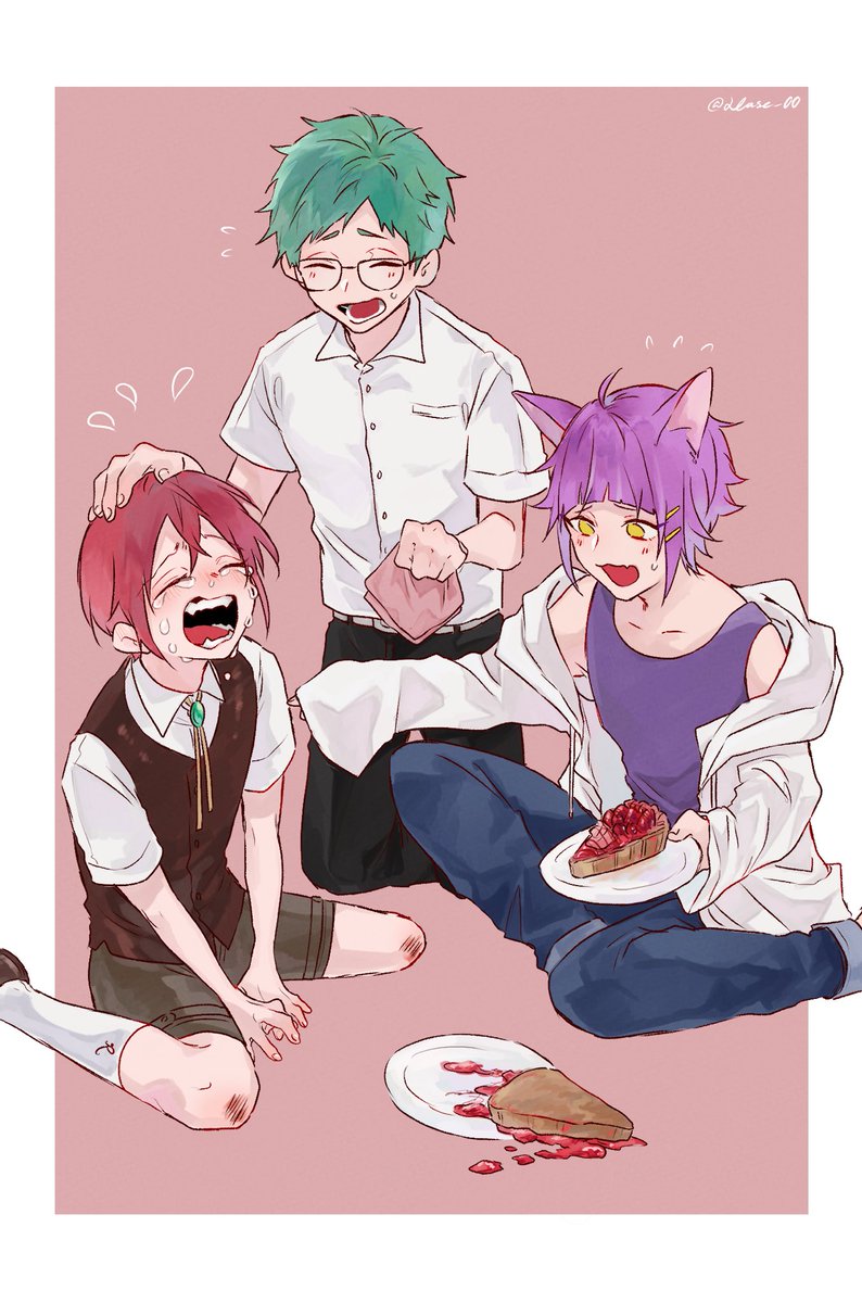 3boys animal ears multiple boys food shirt crying purple hair  illustration images