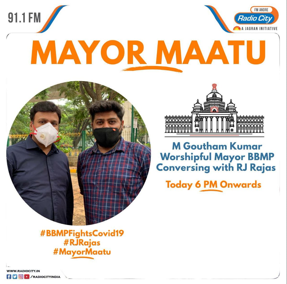 RjRajas's tweet photo. #nammabengaluru @BBMP_MAYOR on my show taking about latest measures taken by #bbmp about #COVID19 from 6pm on #citymaatu @radiocityindia #radiocity #4pmto8pmonradiocity #rjrajas #roundroundrajas https://t.co/9j22u6lPuW