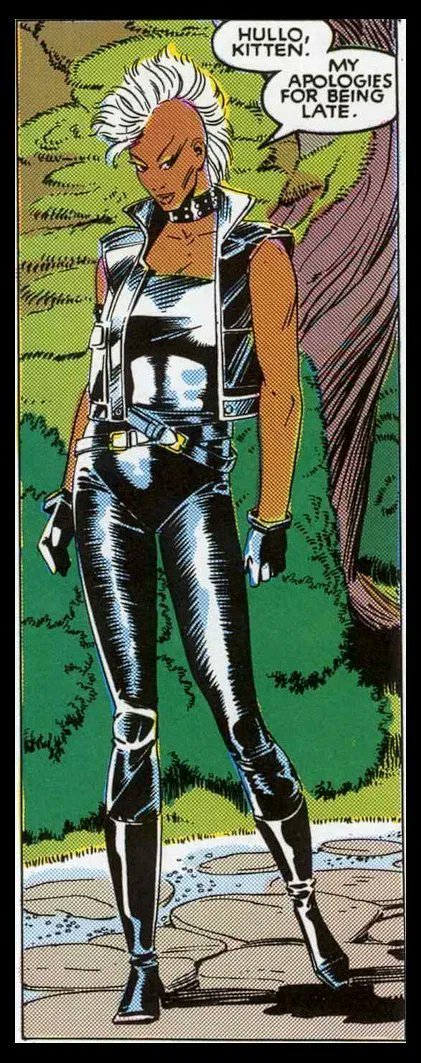 Storm, the centerpiece of this discussion, was introduced as a hyperfeminine character, then famously rendered gender-deviant with her punk look in the early 80s. But in the Fall of the Mutants, she grows her hair back and resumes a highly feminized portrayal thereafter. 2/7