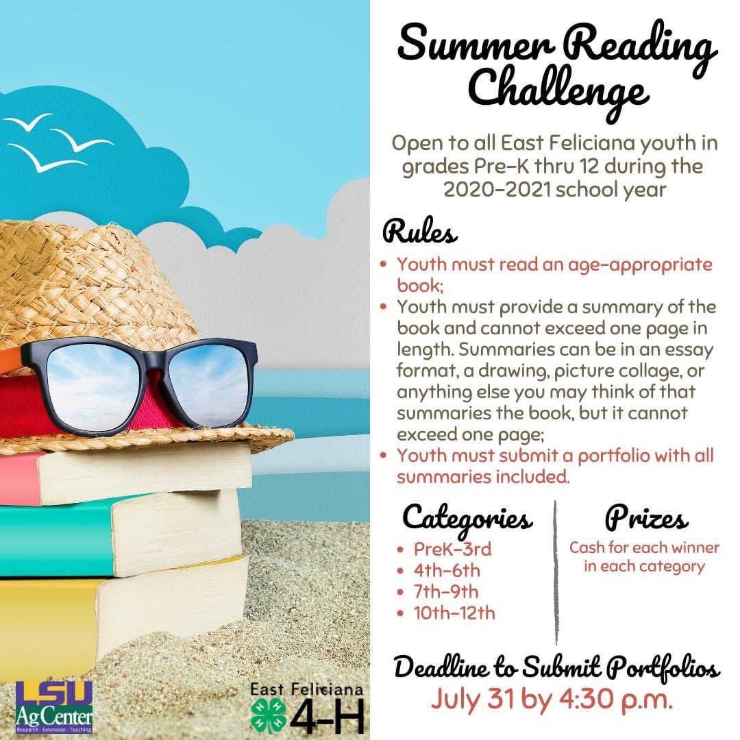 We want all youth of East Feliciana to go to many places in life, that is why we are doing a Summer Reading Challenge. This challenge is open to all youth who resides in East Feliciana Parish, whether they are in 4-H or not. For more information visit bit.ly/2AUDXHb