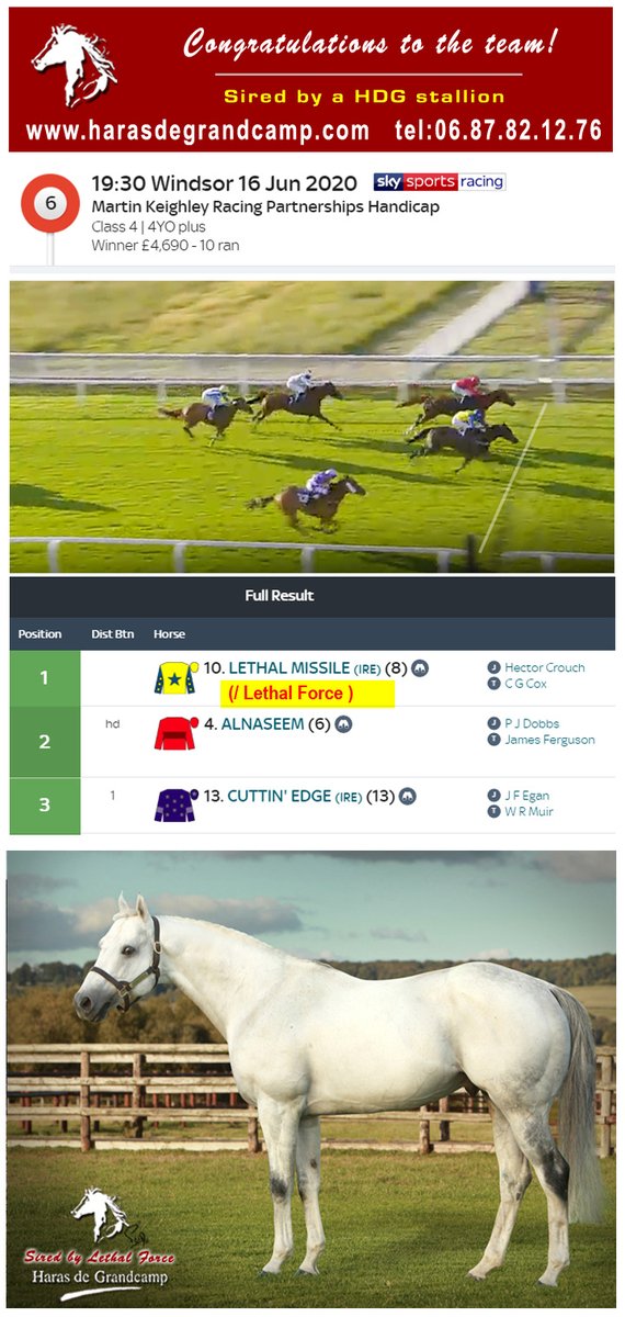 Congratulations #Lethal_Missile, and team, 1st Martin Keighley Racing Partnerships Handicap, #Windsor (GB) 2020.06.16
Lethal Missile is sired by HDG stallion Lethal Force;  
harasdegrandcamp.com/etalons/indexl…