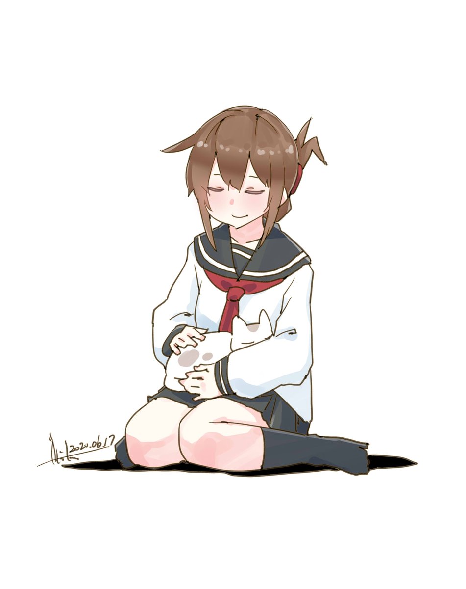 inazuma (kancolle) 1girl folded ponytail brown hair serafuku school uniform cat sitting  illustration images