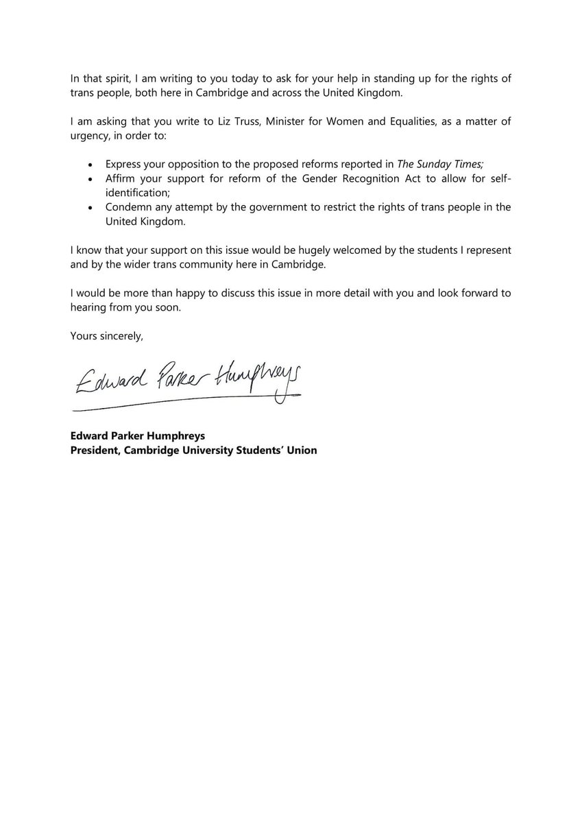 I have written today to <a href="/DanielZeichner/">Daniel Zeichner</a> on behalf of <a href="/CUSUonline/">CUSU Online</a>, urging him to lobby the government about reform of the Gender Recognition Act and express his opposition to any proposals that would seek to restrict the rights of trans people