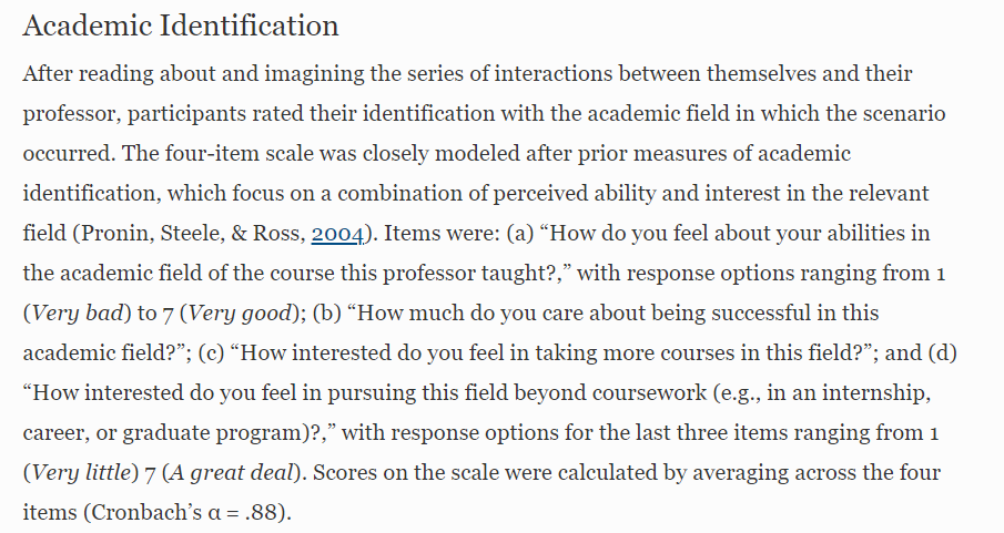 When the vignette contained the date invitation, students reported much lower academic identification, and the impact was larger for female students (see table). Academic Identification was measured as perceived abilities and interest in the field (see picture). [4/15]
